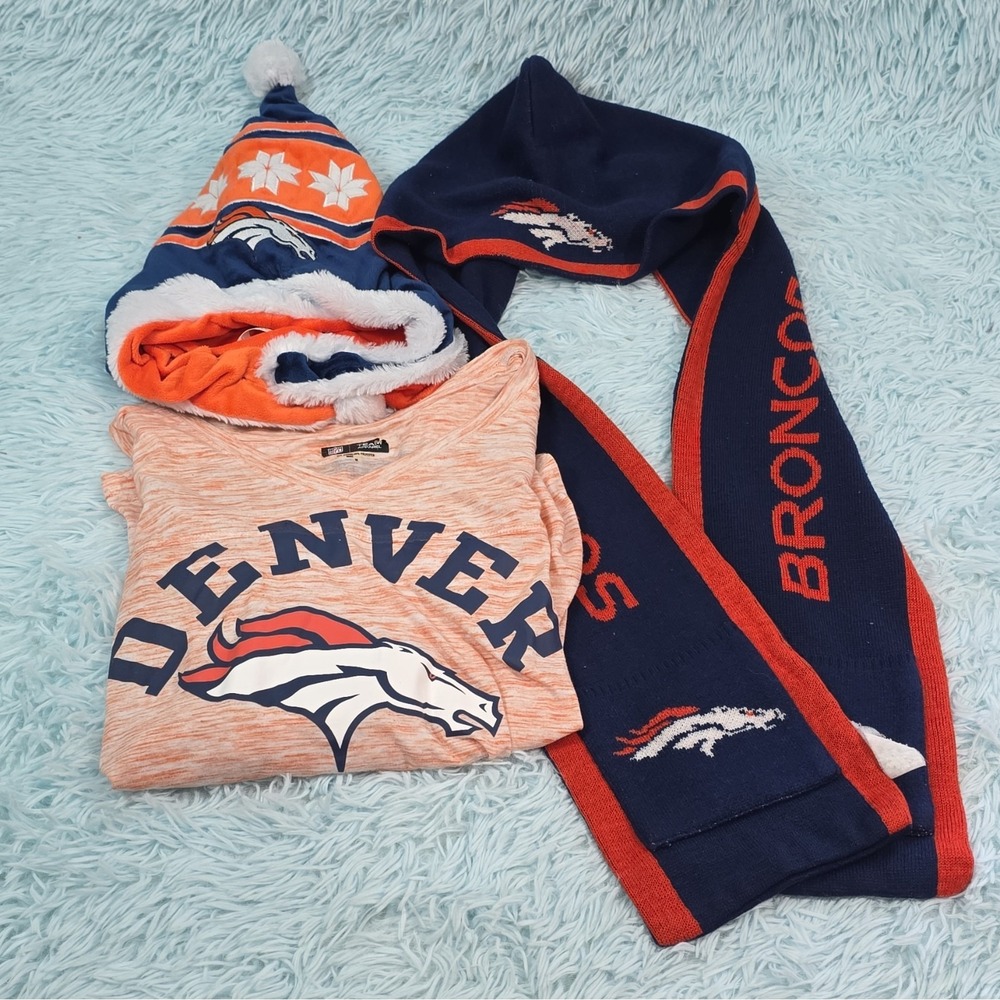 Denver Broncos Fan Gear Set Womens M V-Neck Shirt Winter Beanie Scarf Lot